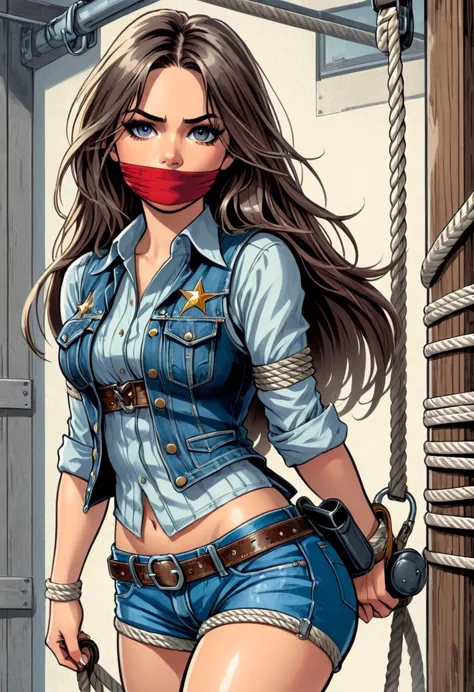 (((full body photo)))  1girl, cowgirl, long hair, shirt, vest, jean shorts, holster, arms behind back, ropes, shibari over cloth...