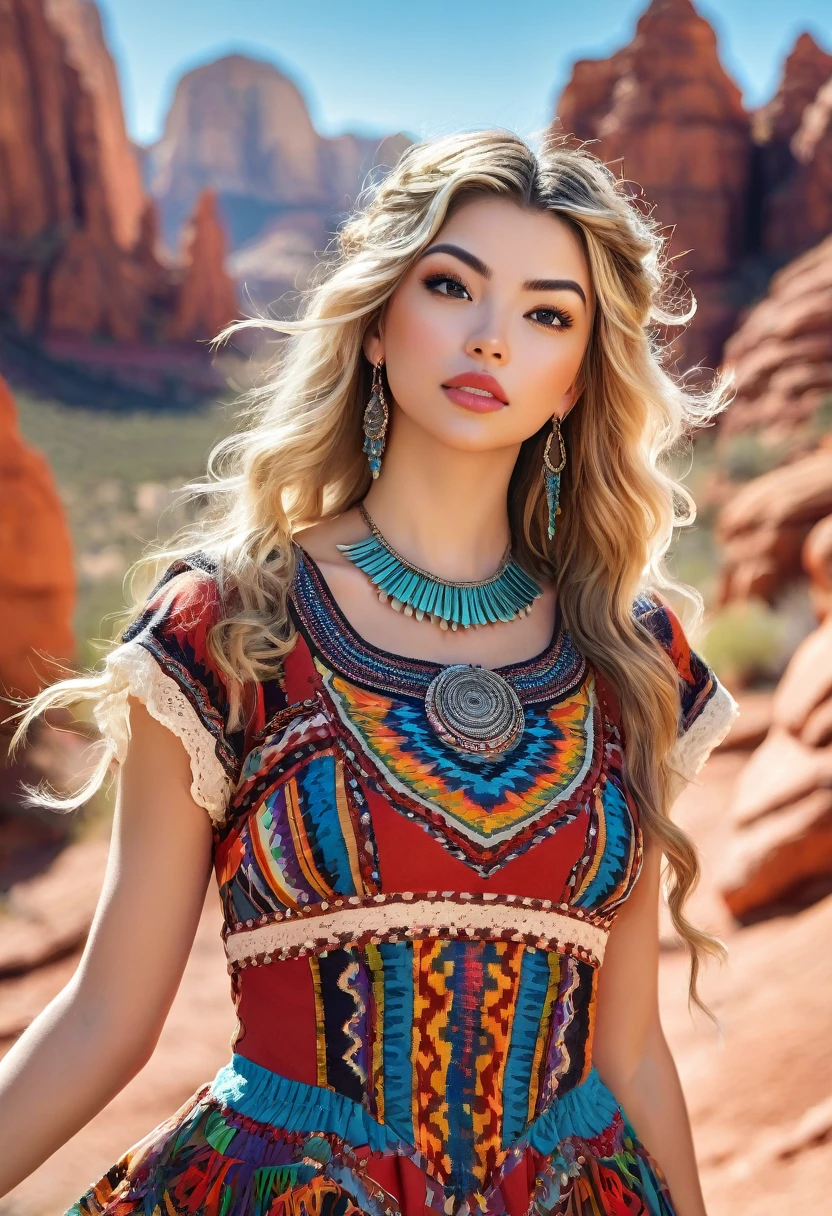 Beautiful boho women stunning merge of Masiela Lusha with colorful southwestern style dress. colorful southwestern earing and. jewelry, blond colored hair that is coarse, wiry, and tightly curled. It often has a rough texture, feels stiff to the touch, and may be prone to frizz and tangling. The curls can be densely packed. The Official Art – An Award-Winning Digital Masterpiece In 4K Ultra HD, Extreme Detail And Intricate Realism. symmetrical face. This Concept Art Brought To Life By The Hands Of Artists Like Wlop & Artgerm In A Stunning 2D Vector Illustration. large, perky, full, vuluptious, symmetrical and spherical breasts. Background is a beautiful panoramic vista of a red rock canyon.
