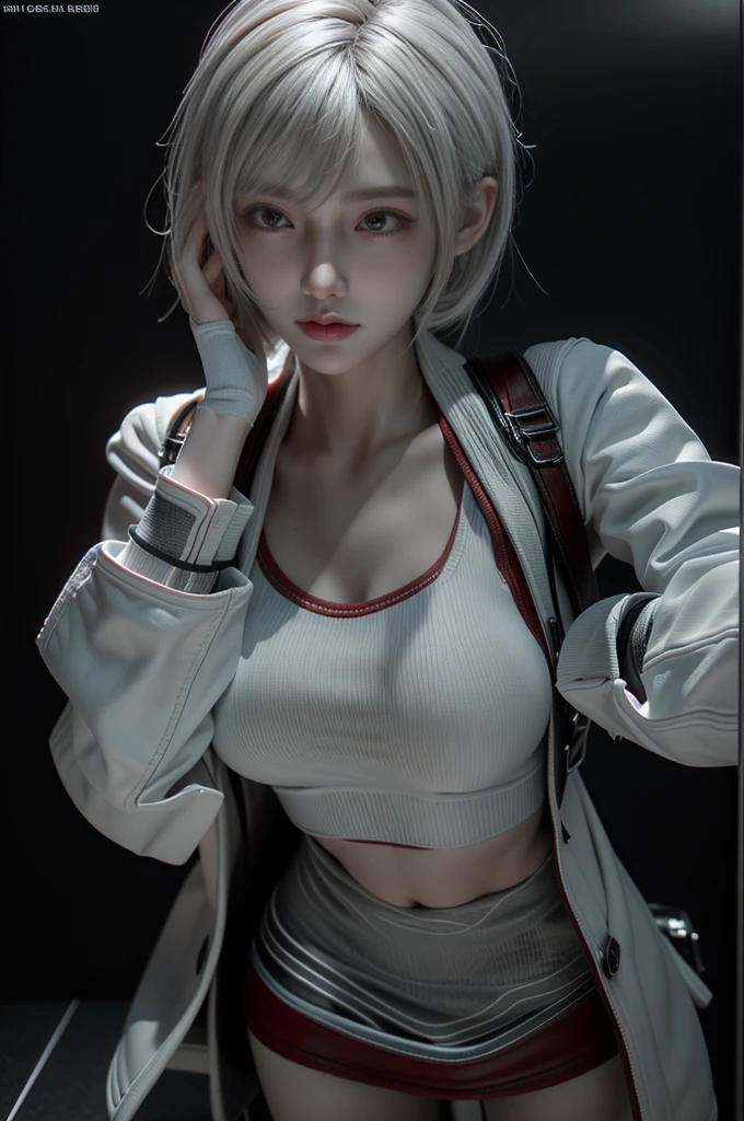 masterpiece,Game Art,Best picture quality,Maximum resolution,8K,(A bust photo),(portrait),(Head close-up),(Rule of Thirds),Unreal Engine 5 rendering works,
20 year old girl,Short hair details,Long bangs,(White hair),Red Eyes,Elegant and elegant,(Large target, Full breasts),(Wearing a white coat,Red suspender underwear),shut your mouth,Serious yet charming,(scholar),Photo poses,Sci-fi style laboratory,White Room,
light，Ray Tracing，Game CG，((3D Unreal Engine))，OC rendering reflection mode