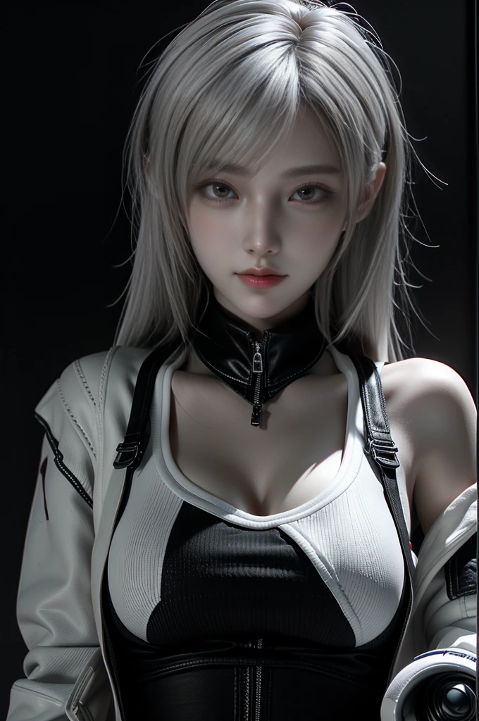 masterpiece,Game Art,Best picture quality,Maximum resolution,8K,(A bust photo),(portrait),(Head close-up),(Rule of Thirds),Unreal Engine 5 rendering works,
20 year old girl,Short hair details,Long bangs,(White hair),Red Eyes,Elegant and elegant,(Large target, Full breasts),(Wearing a white coat,Red suspender underwear),shut your mouth,Serious yet charming,(scholar),Photo poses,Sci-fi style laboratory,White Room,
light，Ray Tracing，Game CG，((3D Unreal Engine))，OC rendering reflection mode