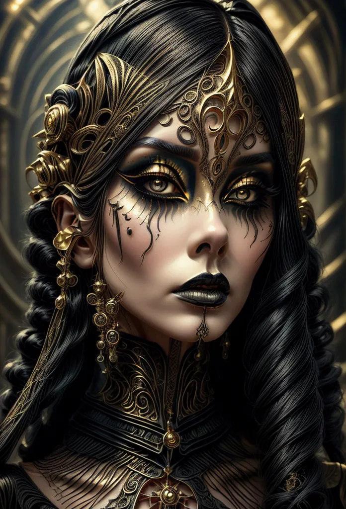 a woman with gothic fantasy makeup inspired by guillermo del toro, adorned with intricate golden designs. her skin is pale and e...