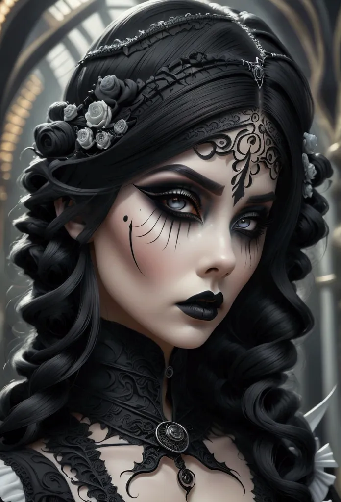 a woman with gothic fantasy makeup inspired by tim burton, featuring dark tones, whimsical designs, and dramatic eye details. he...