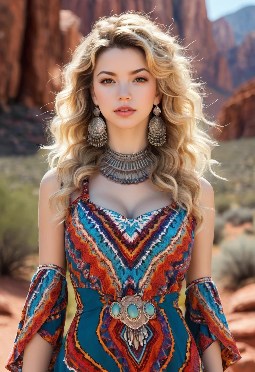 Beautiful boho women stunning merge of Masiela Lusha with colorful southwestern style dress. colorful southwestern earing and. jewelry, blond colored hair that is coarse, wiry, and tightly curled. It often has a rough texture, feels stiff to the touch, and may be prone to frizz and tangling. The curls can be densely packed. The Official Art – An Award-Winning Digital Masterpiece In 4K Ultra HD, Extreme Detail And Intricate Realism. symmetrical face. This Concept Art Brought To Life By The Hands Of Artists Like Wlop & Artgerm In A Stunning 2D Vector Illustration. large, perky, full, vuluptious, symmetrical and spherical breasts. Background is a beautiful panoramic vista of a red rock canyon.
