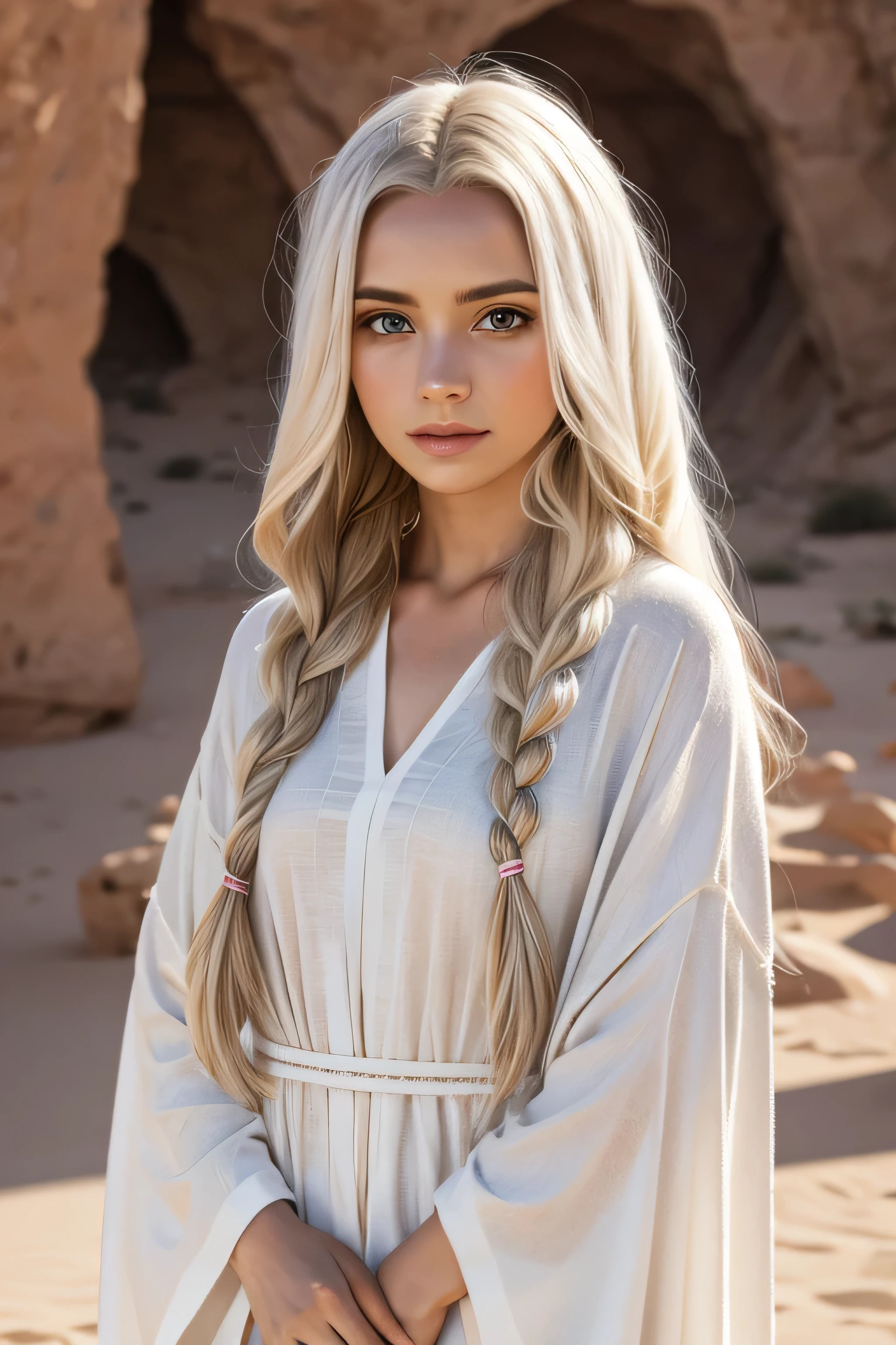 1 female, long white hair, braided hair, wearing a caftan, ugly face, 25 years old, desert background, absurdres, high res, ultrasharp, 8K, masterpiece, the image should be of absurd resolution and high detail. It should be ultra-sharp and available in 8K resolution, representing a masterpiece in image quality.