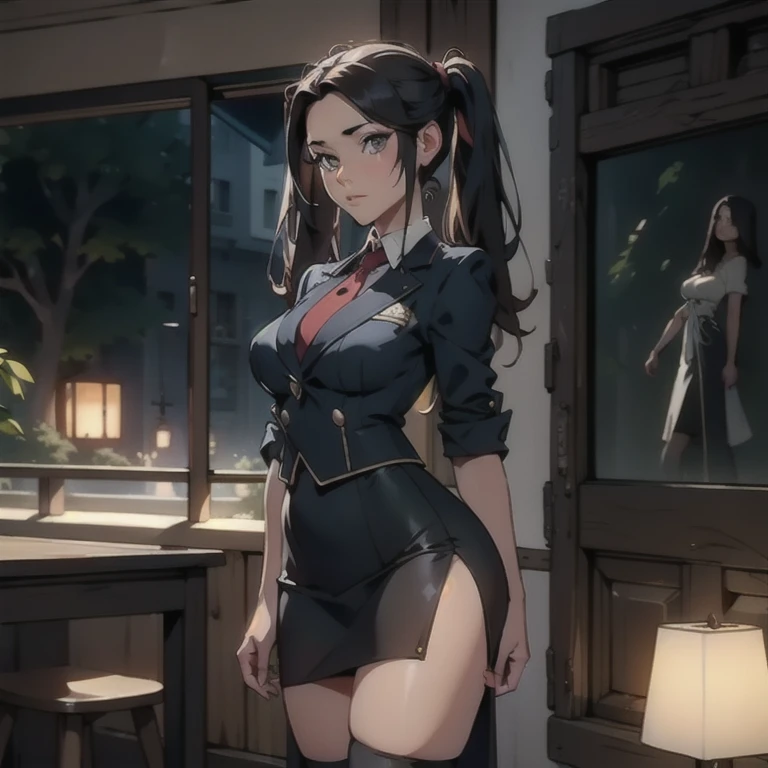 1 girl, beautiful young woman, long black hair, twintails, blue blazer uniform, necktie, tight skirt, knee socks, standing in Anatomi club room, gazing at viewer, sweet expression, human body drawings on blackboard, (best qualityer,4K,8k,high resolution,work of art:1.2),ultra detali,(realisitic,photorealisitic,photo-realisitic:1.37),Anatomi,scientific,precise,hyper-realisitic,details Intricate,bright coloured,cinematic lighting,volumetric lighting,Depth of field,photo-realisitic rendering