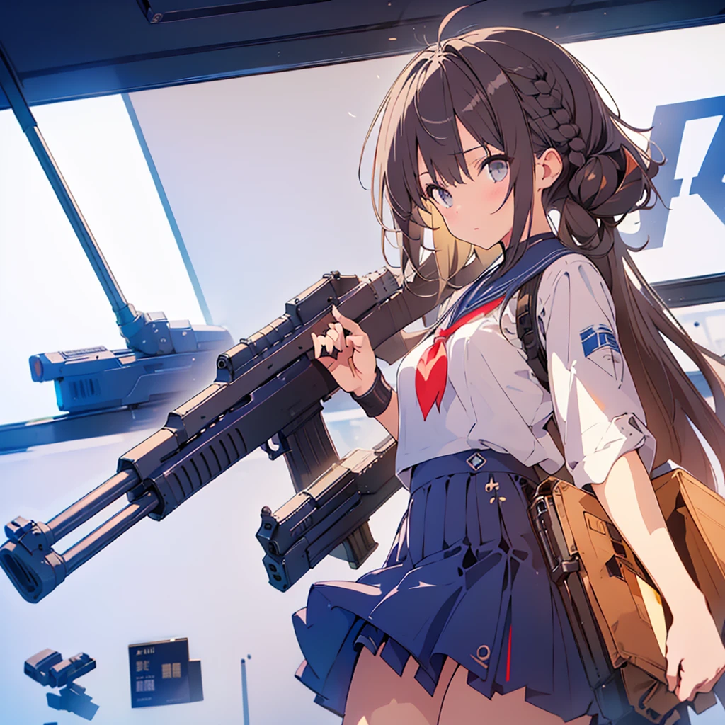 1girl、(((Highest quality、Masterpiece、Official Art、The best dynamic composition、Super detailed)))、Sniper high school girl、Black Sailor Suit、Anime Style、Creative outfits、、Unique and original hairstyle、 holding_gun、QBU10,うつぶせになってgunをかまえている、Looking into the site、To the audience、White Background, Holding, Holding 武器, gun, Holding gun, Armband, rifle, Grey Skirt, headset, assault rifle, grey gloves,