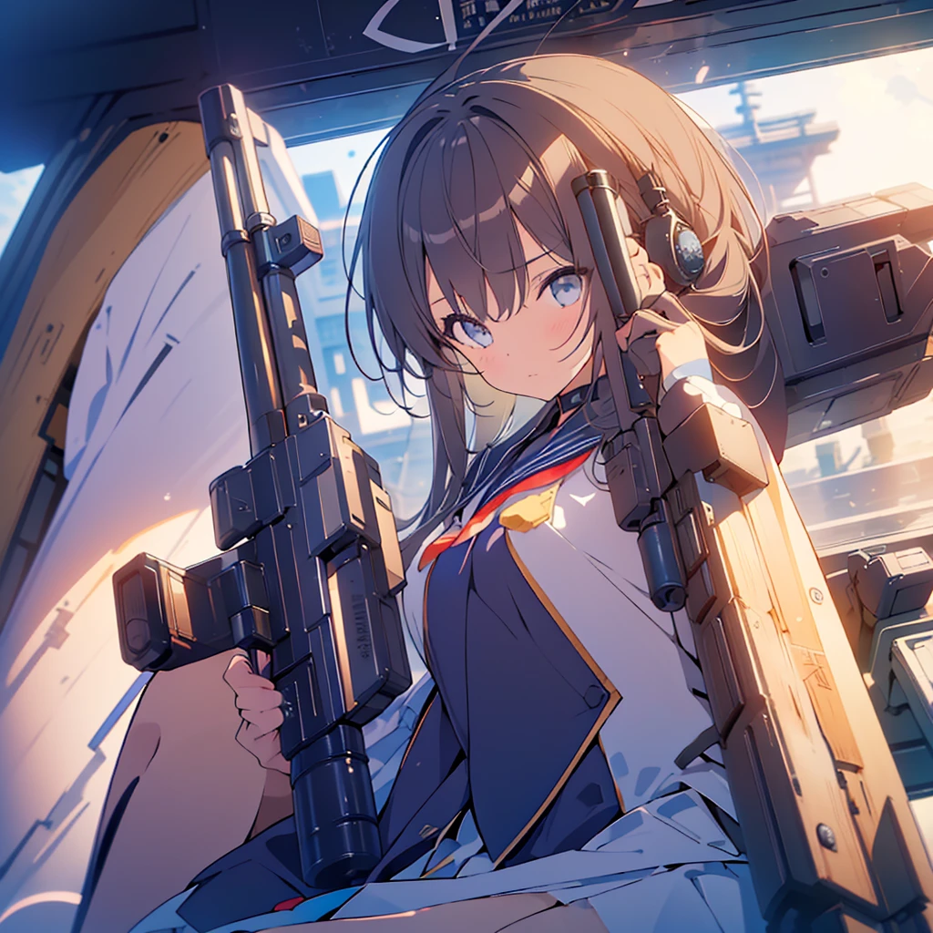 1girl、(((Highest quality、Masterpiece、Official Art、The best dynamic composition、Super detailed)))、Sniper high school girl、Black Sailor Suit、Anime Style、Creative outfits、、Unique and original hairstyle、 holding_gun、QBU10,うつぶせになってgunをかまえている、Looking into the site、To the audience、White Background, Holding, Holding 武器, gun, Holding gun, Armband, rifle, Grey Skirt, headset, assault rifle, grey gloves,