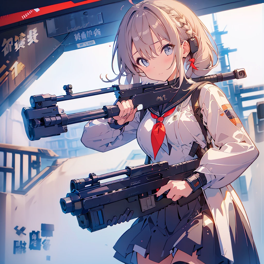 1girl、(((Highest quality、Masterpiece、Official Art、The best dynamic composition、Super detailed)))、Sniper high school girl、Black Sailor Suit、Anime Style、Creative outfits、、Unique and original hairstyle、 holding_gun、QBU10,うつぶせになってgunをかまえている、Looking into the site、To the audience、White Background, Holding, Holding 武器, gun, Holding gun, Armband, rifle, Grey Skirt, headset, assault rifle, grey gloves,