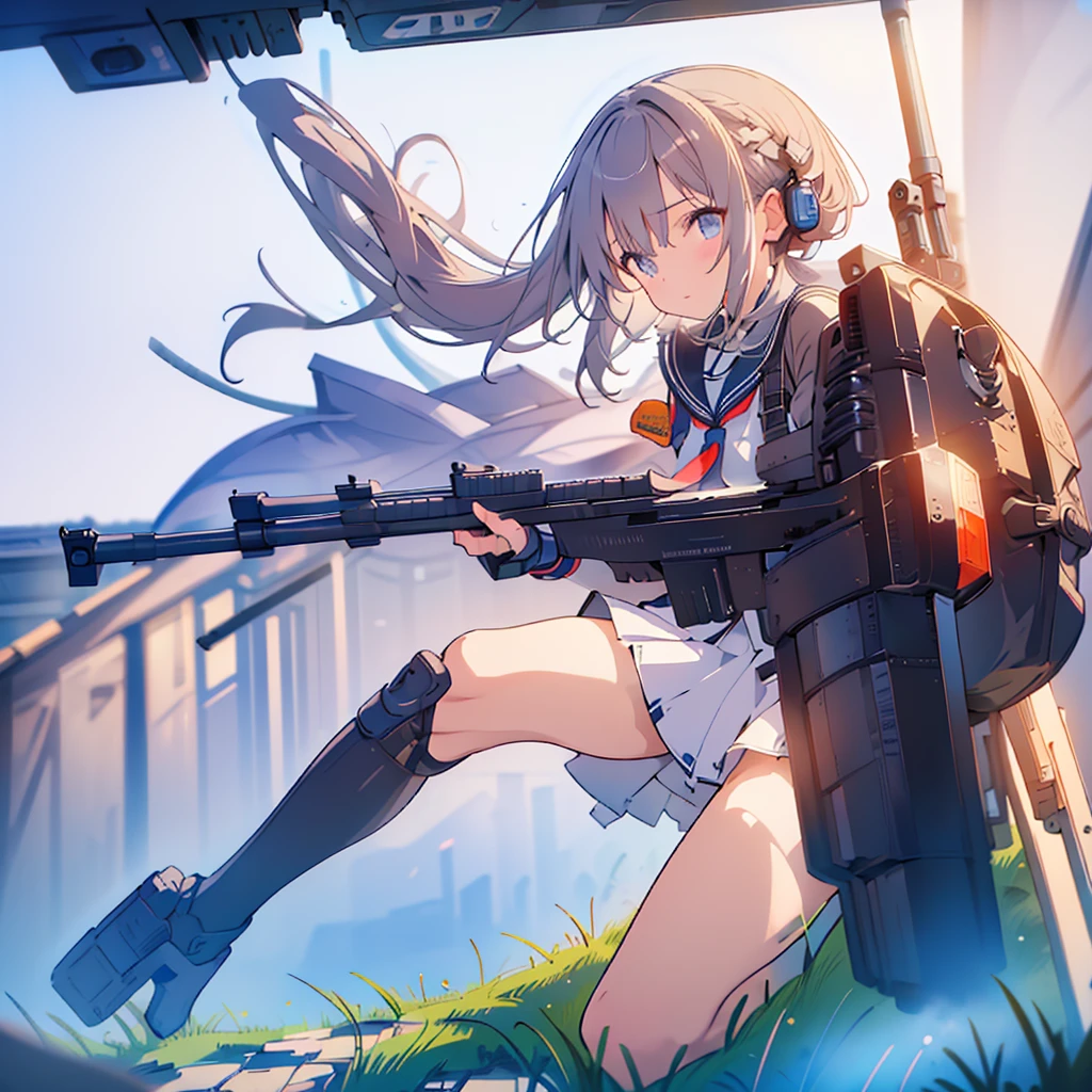 1girl、(((Highest quality、Masterpiece、Official Art、The best dynamic composition、Super detailed)))、Sniper high school girl、Black Sailor Suit、Anime Style、Creative outfits、、Unique and original hairstyle、 holding_gun、QBU10,うつぶせになってgunをかまえている、Looking into the site、To the audience、White Background, Holding, Holding 武器, gun, Holding gun, Armband, rifle, Grey Skirt, headset, assault rifle, grey gloves,