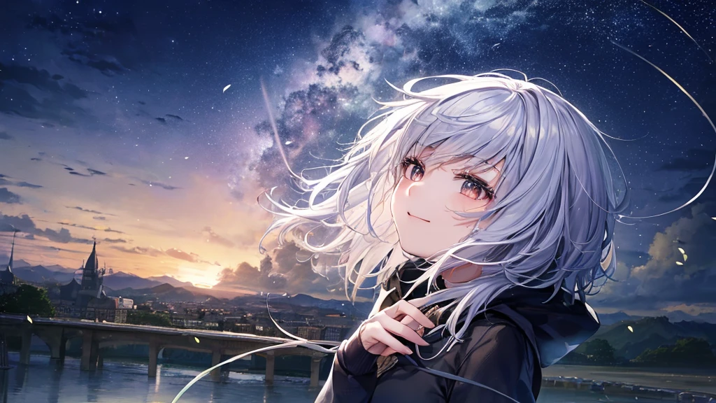 Ultra HD,Look at the viewers, Put your hands behind your back, With a girl, 20-year-old, 非常にShort Hair, Long bangs between the eyes, Pale blue eyes, Very detailed,(masterpiece、Highest quality),Gray Hair、Laughter、Fantastic, Silver Hair, Iris, Short hair、 Fluttering Hair、Small Face、明るいsmile、(Detailed face) ,Professional Lighting,Wonderful landscape,blue sky, sunlight,Looking down from above,Portraiture、Open your mouth、Flower Field、Her eyes were shining、Mysterious and enchanting atmosphere。With AI Painting、とてもShort Hair, Long bangs between the eyes, Very detailed,(masterpiece、Highest quality)、alone、Gray Hair、Fantasy, Silver Hair, Fantasyな風景、smile、Open your mouth、short hair、Short Hair、hairpin、black eye、Grey Eyes、Beautiful Eyes、Black Shirt、White hoodie