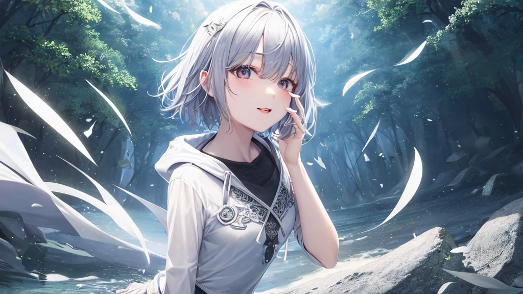 Ultra HD,Look at the viewers, Put your hands behind your back, With a girl, 20-year-old, 非常にShort Hair, Long bangs between the eyes, Pale blue eyes, Very detailed,(masterpiece、Highest quality),Gray Hair、Laughter、Fantastic, Silver Hair, Iris, Short hair、 Fluttering Hair、Small Face、明るいsmile、(Detailed face) ,Professional Lighting,Wonderful landscape,blue sky, sunlight,Looking down from above,Portraiture、Open your mouth、Flower Field、Her eyes were shining、Mysterious and enchanting atmosphere。With AI Painting、とてもShort Hair, Long bangs between the eyes, Very detailed,(masterpiece、Highest quality)、alone、Gray Hair、Fantasy, Silver Hair, Fantasyな風景、smile、Open your mouth、short hair、Short Hair、hairpin、black eye、Grey Eyes、Beautiful Eyes、Black Shirt、White hoodie