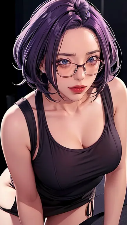 （（（完美number，number，gray sweater, black skirt, black，（（（jmt,glasses,purple hair,short hair,purple eyes,mijondev，purple eyes，purpl...