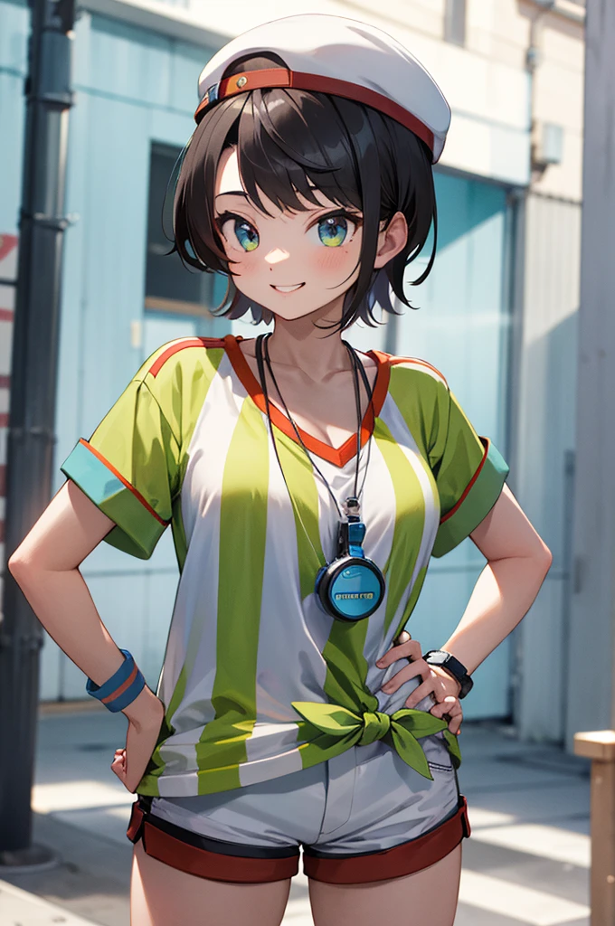 masterpiece, best quality, highres, aasubaru, short hair, cap, backwards hat, breast, collarbone, watch, whistle around neck, vertical-striped shirt, tied shirt, short sleeves, wristband, white shorts, smile, hand on hip, outdoors, cowboy shot,big breasts