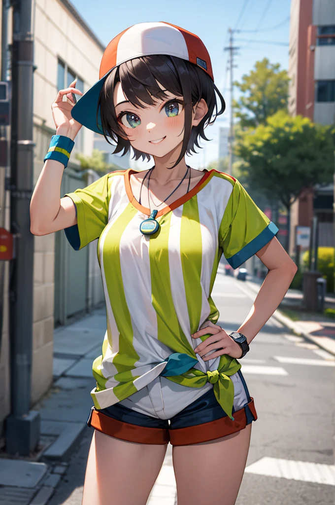 masterpiece, best quality, highres, aasubaru, short hair, cap, backwards hat, breast, collarbone, watch, whistle around neck, vertical-striped shirt, tied shirt, short sleeves, wristband, white shorts, smile, hand on hip, outdoors, cowboy shot,big breasts