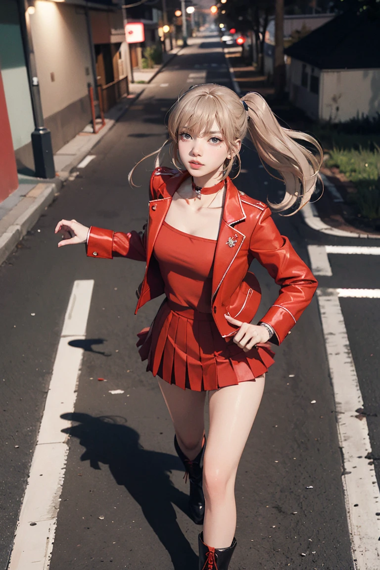 masterpiece, Highest quality, Red knee socks, Red jacket, Pleated skirt, Red Skirt, Long sleeve, choker, Red Shirt, Open jacket, White ribbon, Open clothes, High heel boots, Asphalt road, running, Traces of Gaze, Night Sky, neon, From above,, 