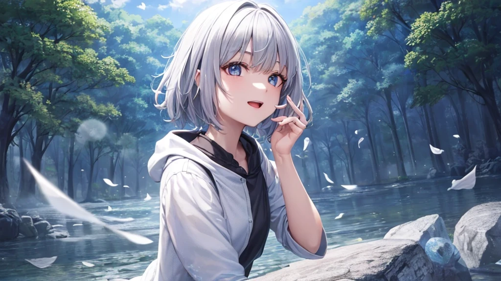 Ultra HD,Look at the viewers, Put your hands behind your back, With a girl, 20-year-old, 非常にShort Hair, Long bangs between the eyes, Pale blue eyes, Very detailed,(masterpiece、Highest quality),Gray Hair、Laughter、Fantastic, Silver Hair, Iris, Short hair、 Fluttering Hair、Small Face、明るいsmile、(Detailed face) ,Professional Lighting,Wonderful landscape,blue sky, sunlight,Looking down from above,Portraiture、Open your mouth、Flower Field、Her eyes were shining、Mysterious and enchanting atmosphere。With AI Painting、とてもShort Hair, Long bangs between the eyes, Very detailed,(masterpiece、Highest quality)、alone、Gray Hair、Fantasy, Silver Hair, Fantasyな風景、smile、Open your mouth、short hair、Short Hair、hairpin、black eye、Grey Eyes、Beautiful Eyes、Black Shirt、White hoodie