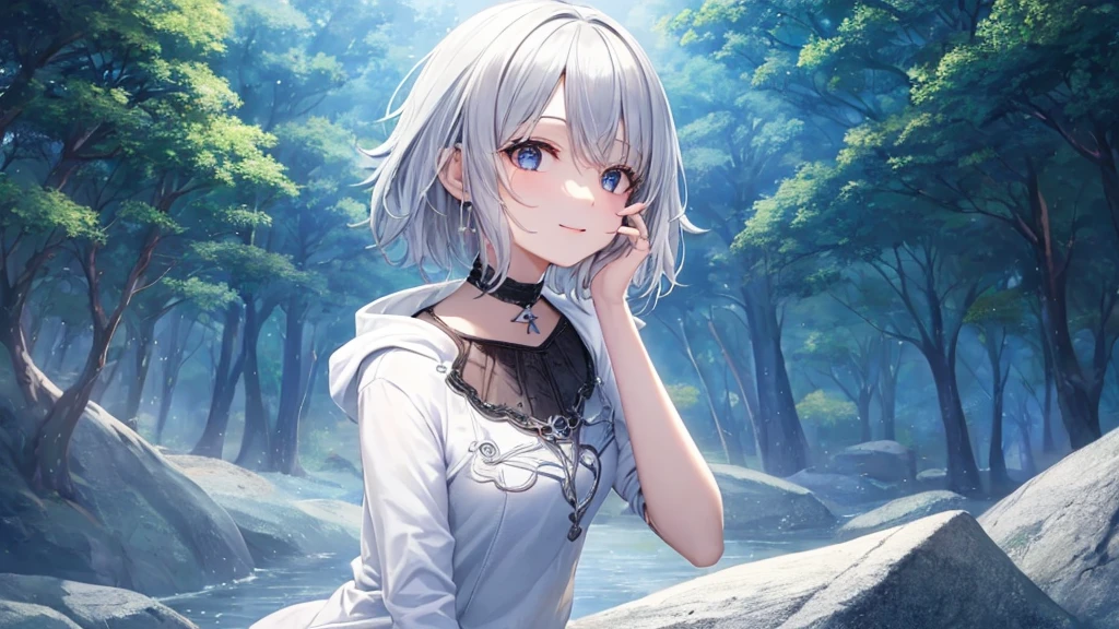 Ultra HD,Look at the viewers, Put your hands behind your back, With a girl, 20-year-old, 非常にShort Hair, Long bangs between the eyes, Pale blue eyes, Very detailed,(masterpiece、Highest quality),Gray Hair、Laughter、Fantastic, Silver Hair, Iris, Short hair、 Fluttering Hair、Small Face、明るいsmile、(Detailed face) ,Professional Lighting,Wonderful landscape,blue sky, sunlight,Looking down from above,Portraiture、Open your mouth、Flower Field、Her eyes were shining、Mysterious and enchanting atmosphere。With AI Painting、とてもShort Hair, Long bangs between the eyes, Very detailed,(masterpiece、Highest quality)、alone、Gray Hair、Fantasy, Silver Hair, Fantasyな風景、smile、Open your mouth、short hair、Short Hair、hairpin、black eye、Grey Eyes、Beautiful Eyes、Black Shirt、White hoodie