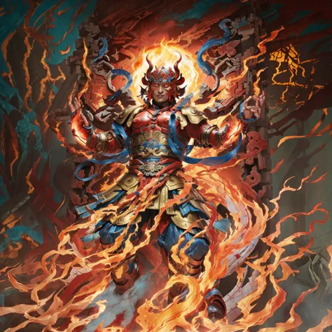 red asura, 6 arms, blue deity ribbon, fire demon, ancient chinese armour, naked upper body