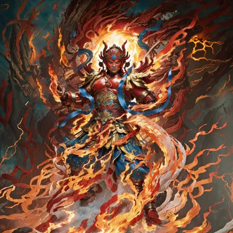 red asura, 6 arms, blue deity ribbon, fire demon, ancient chinese armour, naked upper body