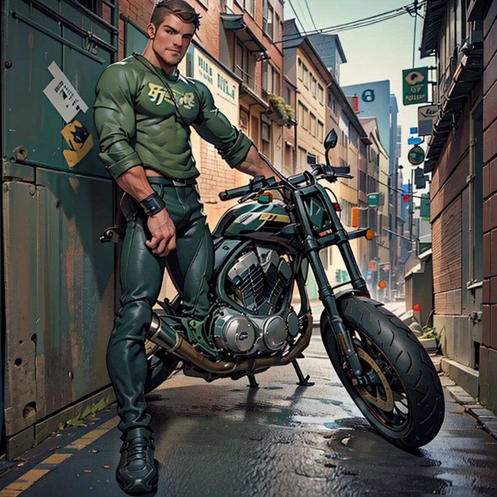 32k, high quality , detailed face , detailed hands , detailed muscles detailed motorcycle , (((stephen amell))) standing near his (((motorcycle 1.2))), posing in a street ,standing with spread legs, showing his muscles, shirtless wearing a very very low dark green pants with brown belt, background brick wall with men health posters