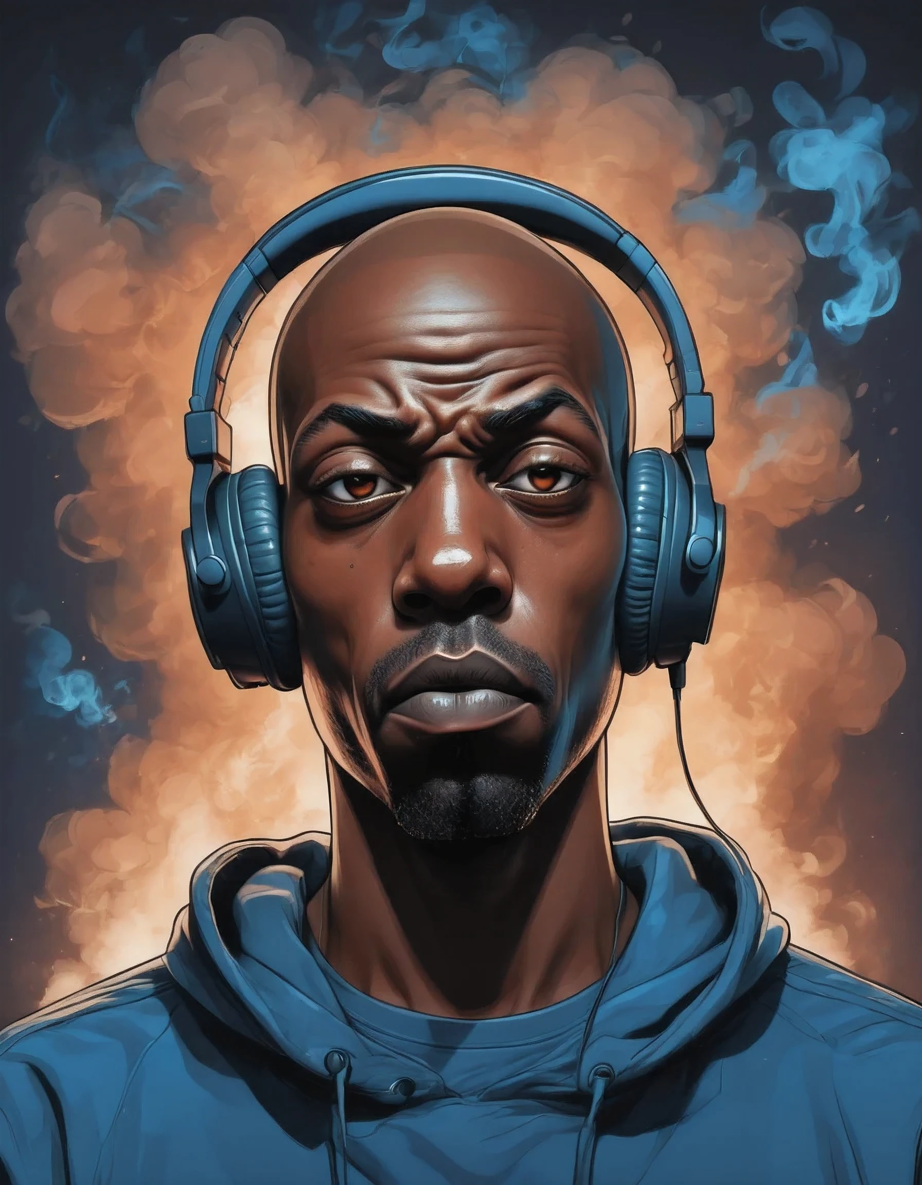 breathtaking vector cartoon illustration of shawt a black man ,wearing headphones, in a room full of smoke ,Anastomosing, Electric Blue, galactic, Ivan Albright, Sick, mean expression, twinkling eyes, and a bald head 