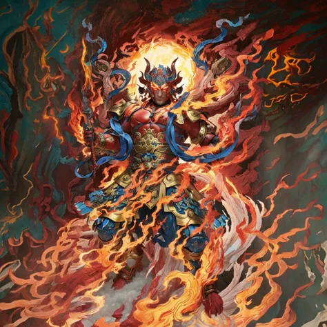 red asura, 6 arms, blue deity ribbon, fire demon, ancient chinese armour, naked upper body, muscular,