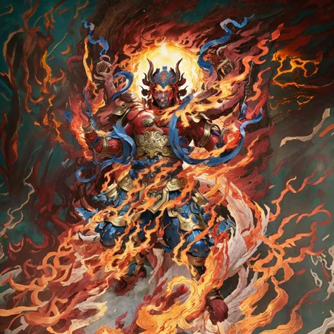 red asura, 6 arms, blue deity ribbon, fire demon, ancient Chinese armour, naked upper body, muscular, 
