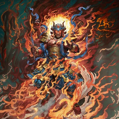 asura face, 6 arms, blue deity ribbon, fire demon, ancient chinese armour, naked upper body, muscular,