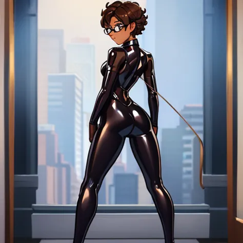 really embarrassed tomboy slim girl, with short gray curly  hair, brown skin and  glasses, in transparent  latex suit   , full b...