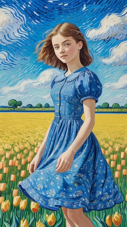 "Create an image of a young girl standing in a vast field of blooming yellow tulips. The scene should be rendered in the distinctive style of Vincent van Gogh, characterized by bold, swirling brushstrokes and vibrant colors. The girl should be wearing a simple, flowing dress that gently moves with the breeze. Her hair, loose and wavy, adds to the dynamic movement of the painting. The sky above is a brilliant blue, with expressive, swirling clouds that complement the energetic field of tulips below. The overall atmosphere should evoke a sense of peace and wonder, capturing the beauty and vitality of nature as Van Gogh would."