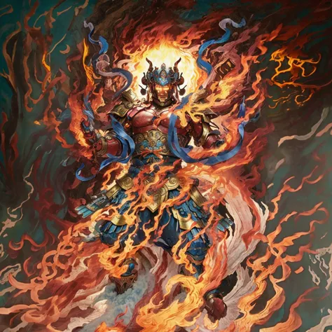  6 arms, blue deity ribbon, fire demon, ancient Chinese armour, naked upper body, muscular, 