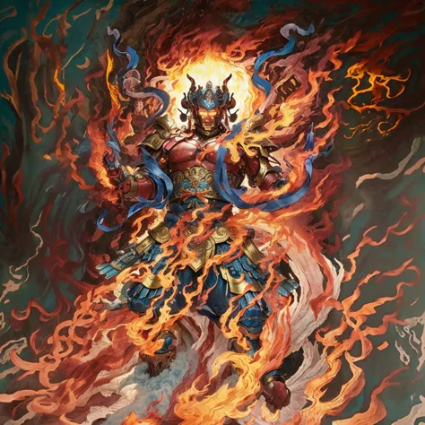 6 arms, blue deity ribbon, fire demon, ancient chinese armour, naked upper body, muscular,