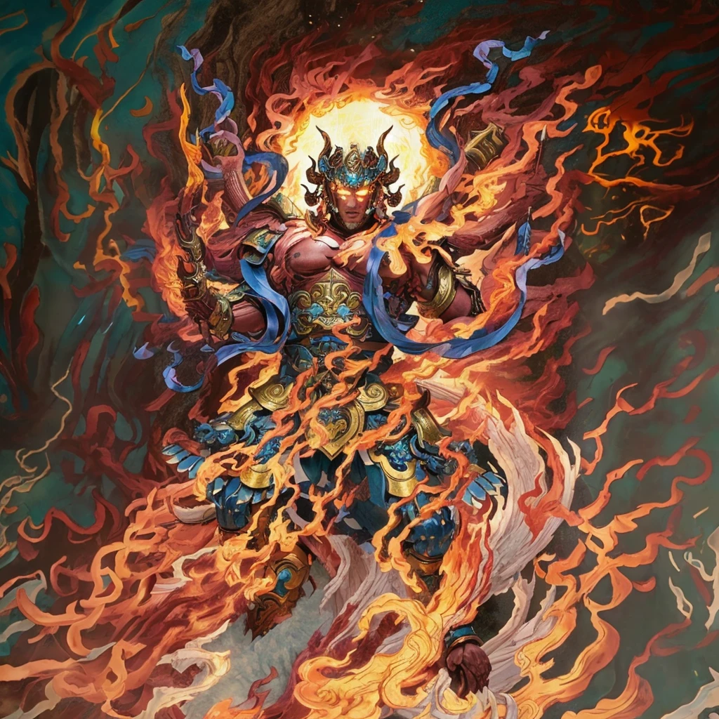  6 arms, blue deity ribbon, fire demon, ancient Chinese armour, naked upper body, muscular, 