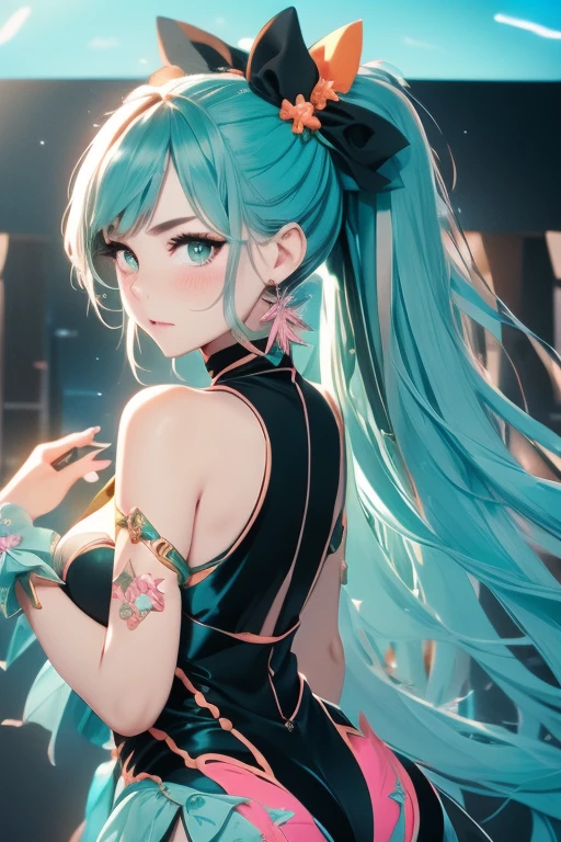 A genius with long aqua green hair wearing a ponytail and an orange bow,aqua green eyes with crystal iris,with big breasts,wearing an orange blouse and black leggings with pink stripes on the sides