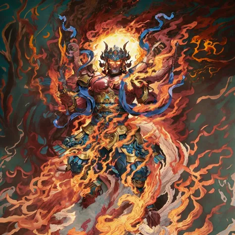 6 arms, blue deity ribbon, fire demon, ancient chinese armour, naked upper body, muscular,