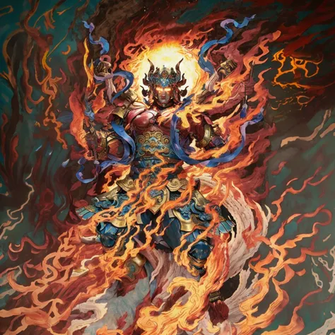 6 arms, blue deity ribbon, fire demon, ancient chinese armour, naked upper body, muscular,