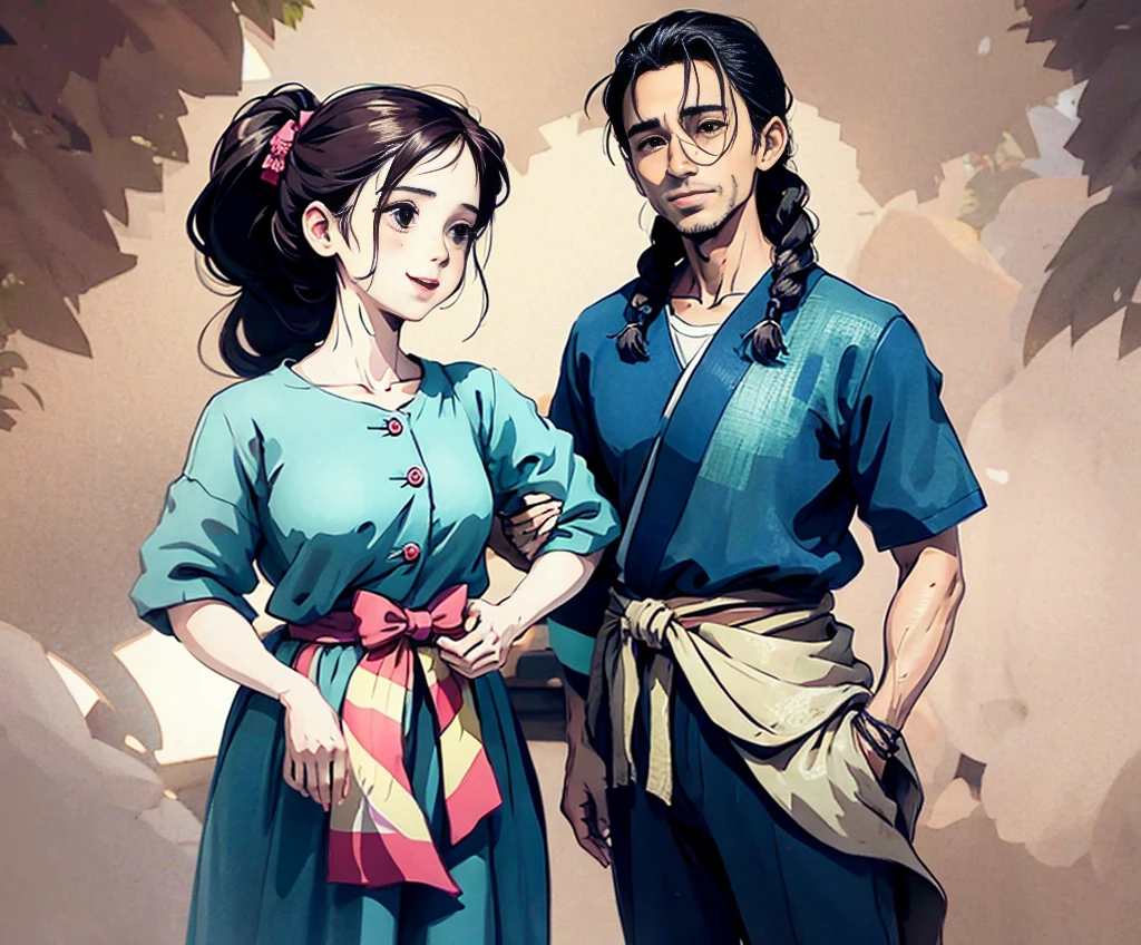 The woman's hair is neatly tied back and her hands make a heart gesture. The man stands confidently beside her, looking happy and energetic. The illustration uses simple lines to emphasize their generous and hospitable nature, giving them a youthful and natural look. 