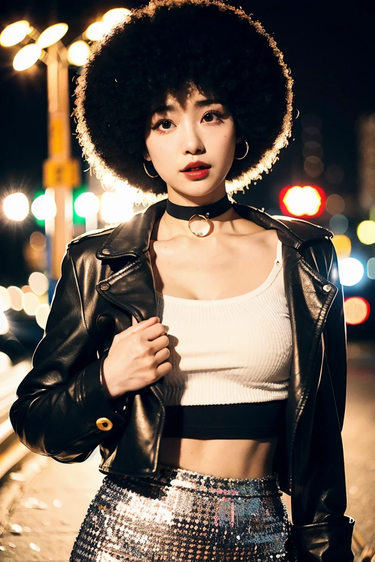 (Cinematic Aesthetic:1.4) Photo of a beautiful korean fashion model bokeh city night with round disco afro wig, bra, super mini skirt,big bust, Clevage, opened black leather jacket, make up, exposed stomach, sexy look, choker