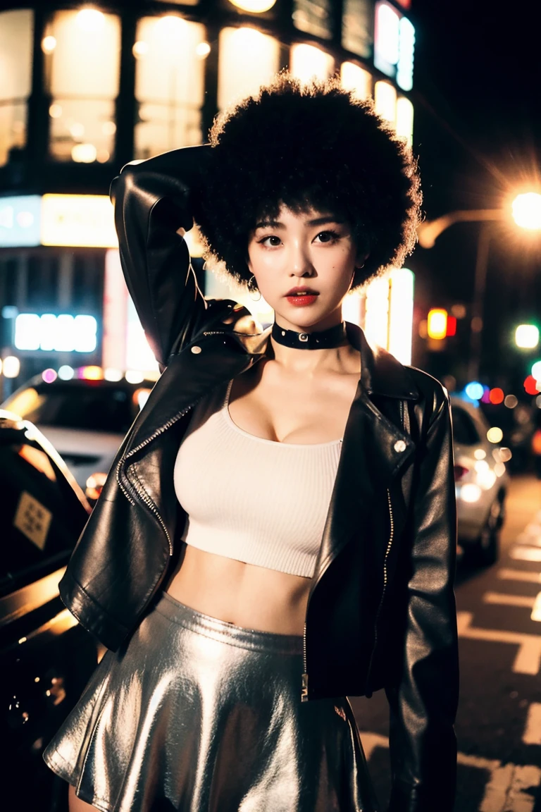 (Cinematic Aesthetic:1.4) Photo of a beautiful korean fashion model bokeh city night with round disco afro wig, bra, super mini skirt,big bust, Clevage, opened black leather jacket, make up, exposed stomach, sexy look, choker