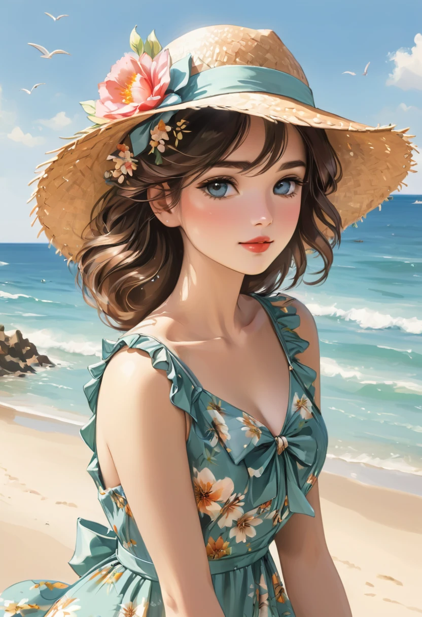 Very beautiful woman in a floral summer dress and straw hat on the beach, Perfect Face, Perfect Eyes, Perfect light, glamorous, nice, delicate, romantic, Harrison Fisher