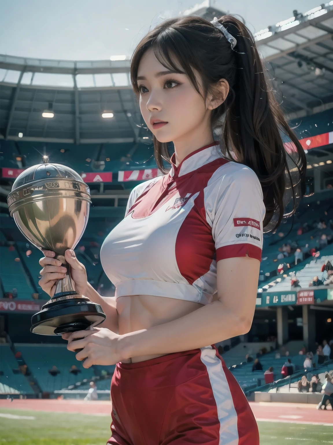 athlete，Sports uniform，Raise the trophy，The background is the podium，stadium