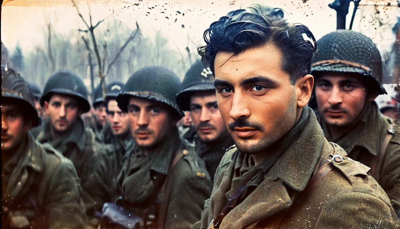 there are one men portrait in car, war footage, wartime footage, archival footage, historical footage, vintage footage, winter 1 9 4 4, sunny morning 1944, still from a terence malik film, scene from the film, 1945, 1 9 4 5, troops searching the area, 1943, still from film, real world location , vintage, classic, cinematic, dramatic, photography, documentary, shallow depth of field, vignette, highly detailed, high budget, bokeh, cinemascope, moody, epic, gorgeous, film grain, grainy