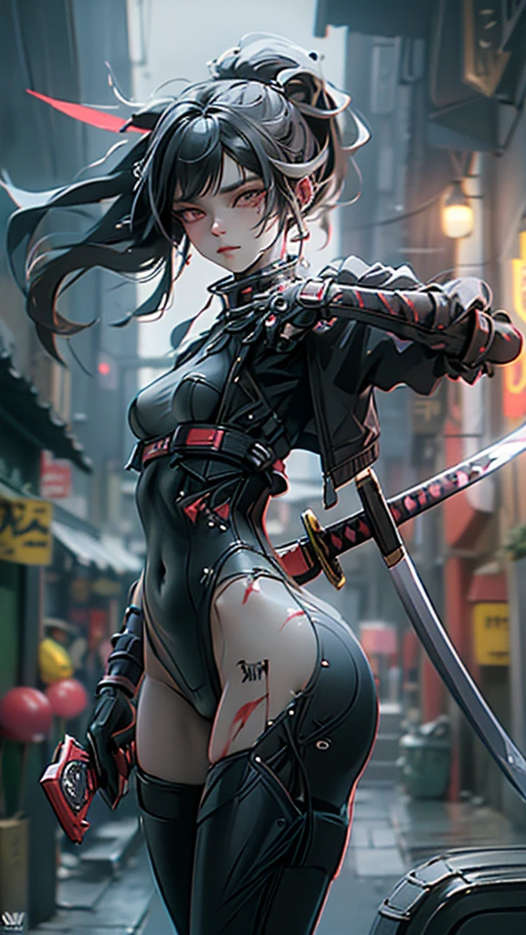 Create an ultra-realistic 5D masterpiece image,HdR,trend in artstation,sharp focus,high contrast,8k,hyperdetailed,intricate details,cinematic lighting,   Perfect eyes, crystal clear eyes, NSFW, 
The image features a stylized ninja., characterized by vibrant, abstract blood splatters. the main figure, the Ninja, is represented in a dynamic pose, holding a sword, suggesting action or combat. The background features bold and expressive brush strokes that create an energetic atmosphere. The colors used are bright and varied., with multiple tones and shades that create a lively visual experience. In general, The style can be described as modern and artistic., with a strong emphasis on movement and energy applies HDMI technologies, 1200 ppp , Full definition and cool virtual reality in cool and creative combative dynamic poses 