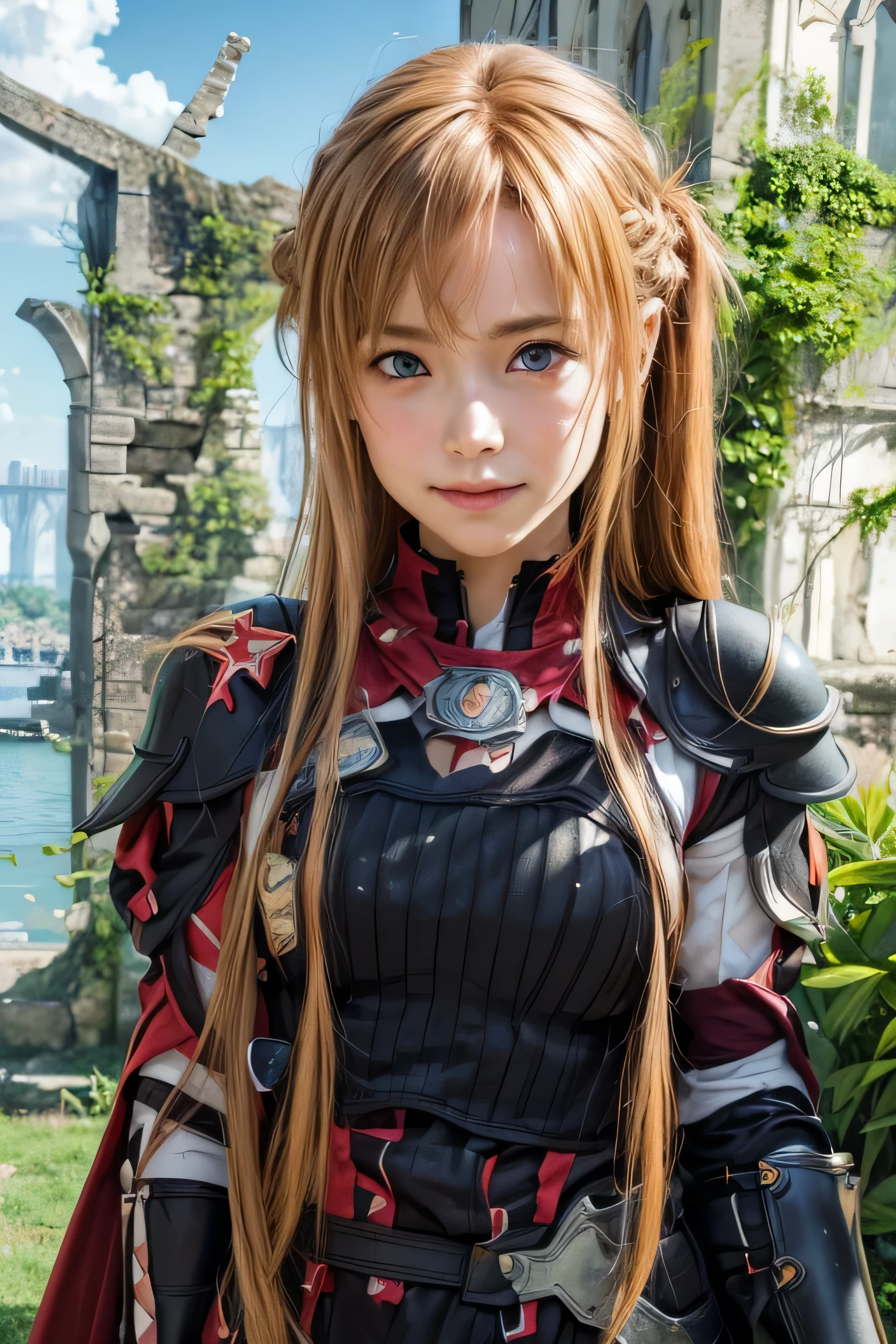 masterpiece, best quality, (realistic,photo-realistic:1.4), (RAW photo:1.2), extremely detailed CG unity 8k wallpaper, delicate and beautiful, amazing,finely detail, official art, absurdres, incredibly absurdres, huge filesize, ultra-detailed,extremely detailed eyes and face,light on face,yuuki asuna,(little smile),(caramel hair:1.4),(long hair:1.4),(wearing black armor:1.4),(ruins background:1.4)