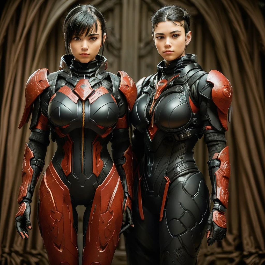 (High resolution) (Ultra-detailed) (Realistic) (Photographic)　(A girl wearing black and crimson futuristic armor based on a European dragon motif：1.4）　French　[ Very Short Pixie Haircut　baby face　(Very beautiful girl's face:1.4)　Slightly droopy almond eyes　Roman nose　Thin, straight lips　Thin eyebrows　Noble family　Holding a sniper rifle with a rose motif　In the city　(France)