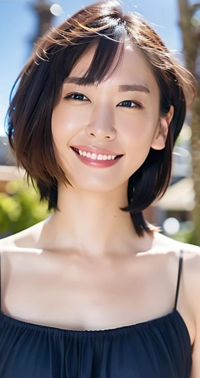 Highest quality, masterpiece, Ultra-high resolution, (Realistic:1.4), RAW Photos, One Girl, Beautiful Japanese Women, Beautiful Skin, Black Hair:1.7, gakki, ((short hair:1.5)), 30 years old, Smile happily:1.2, Beach, Tropical Swimwear