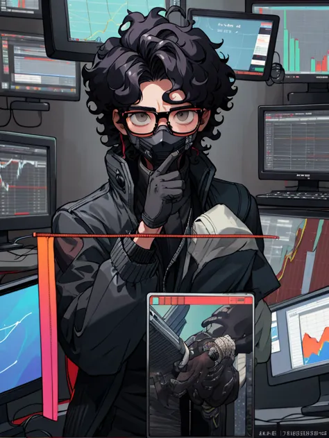 Kpop Boys,He is in his late 30s,In the computer room,Black leather gloves,Face masks,Looking at trade charts,Wearing a cool suit...