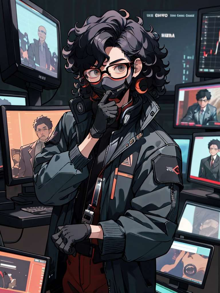 Kpop Boys,He is in his late 30s,In the computer room,Black leather gloves,Face masks,Looking at trade charts,Wearing a cool suit jacket,Wearing a headset,Black messy curly hair、Background shows multiple trading monitors,far and near method, 3D Rendering, He is explaining the trade.,Glasses