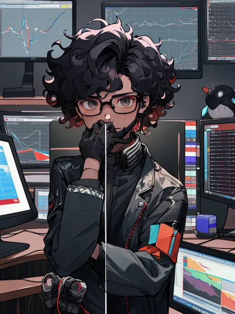 Kpop Boys,He is in his late 30s,In the computer room,Black leather gloves,Face masks,Looking at trade charts,Wearing a cool suit...