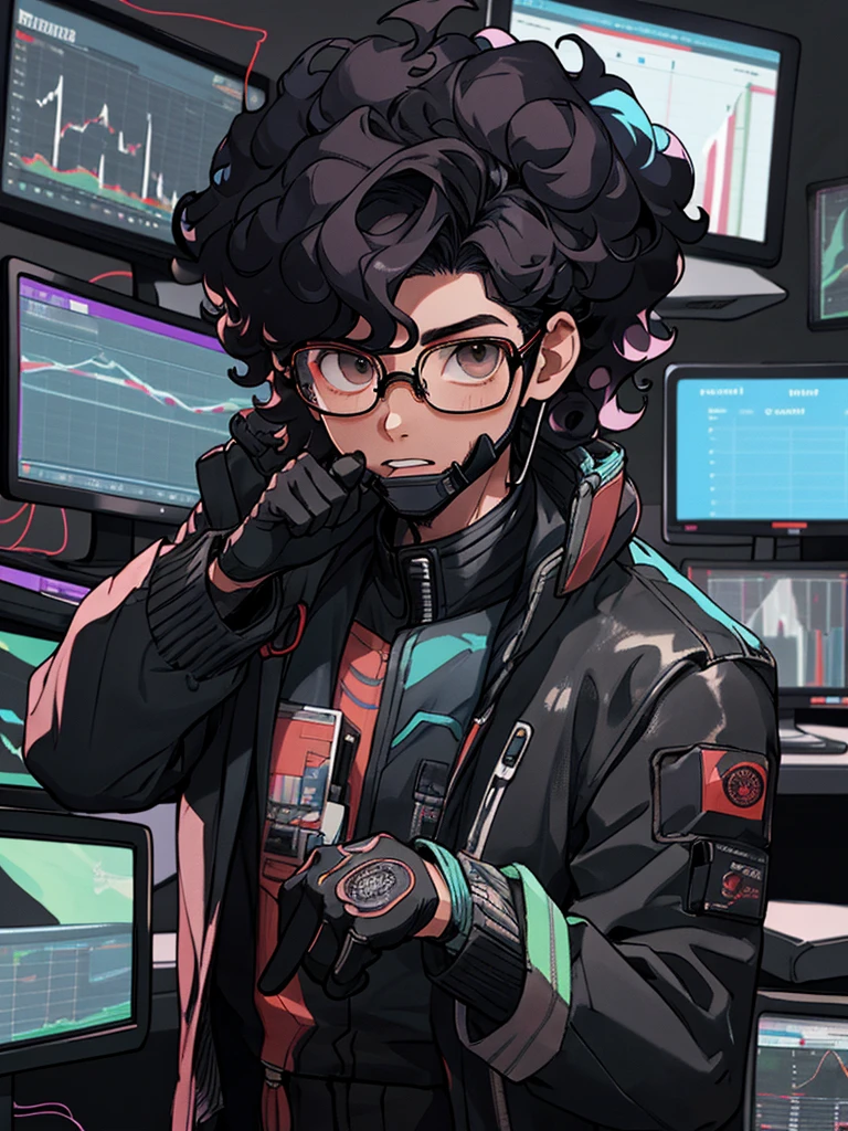 Kpop Boys,He is in his late 30s,In the computer room,Black leather gloves,Face masks,Looking at trade charts,Wearing a cool suit jacket,Wearing a headset,Black messy curly hair、Background shows multiple trading monitors,far and near method, 3D Rendering, He is explaining the trade.,Glasses